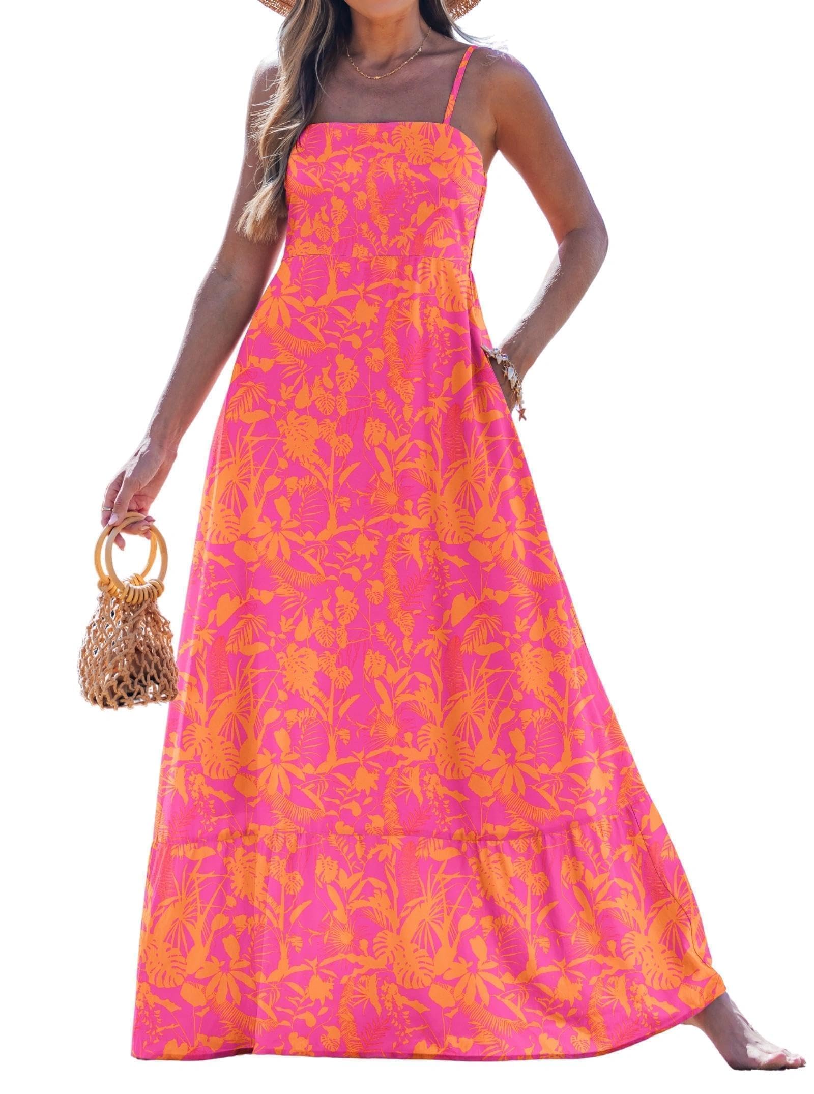 popvil Women Summer Maxi Dress 2026 Spaghetti Strap Long Beach Dress Boho A-Line Flowy Casual Sleeveless Sun Dress