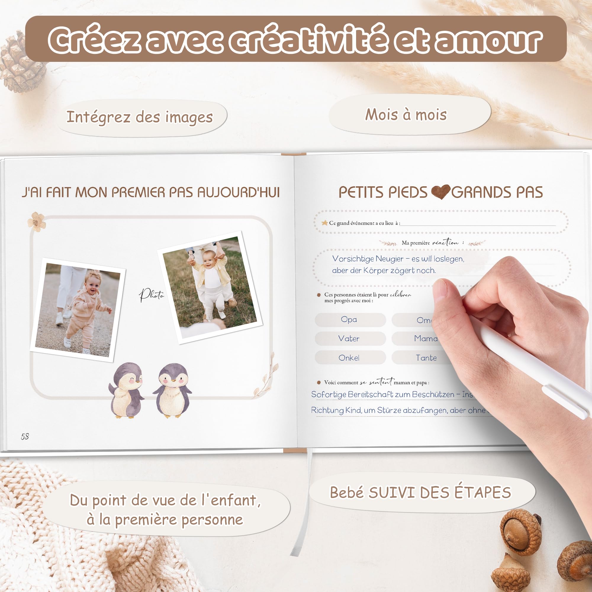 Hyggartn Livre de Naissance et Album Photo Bébé 84 Pages avec Autocollants - Journal à Remplir Photos et Textes, Cadeau Baptême Fille Garçon Fête Prénatale (Motif arc-en-ciel) - 5