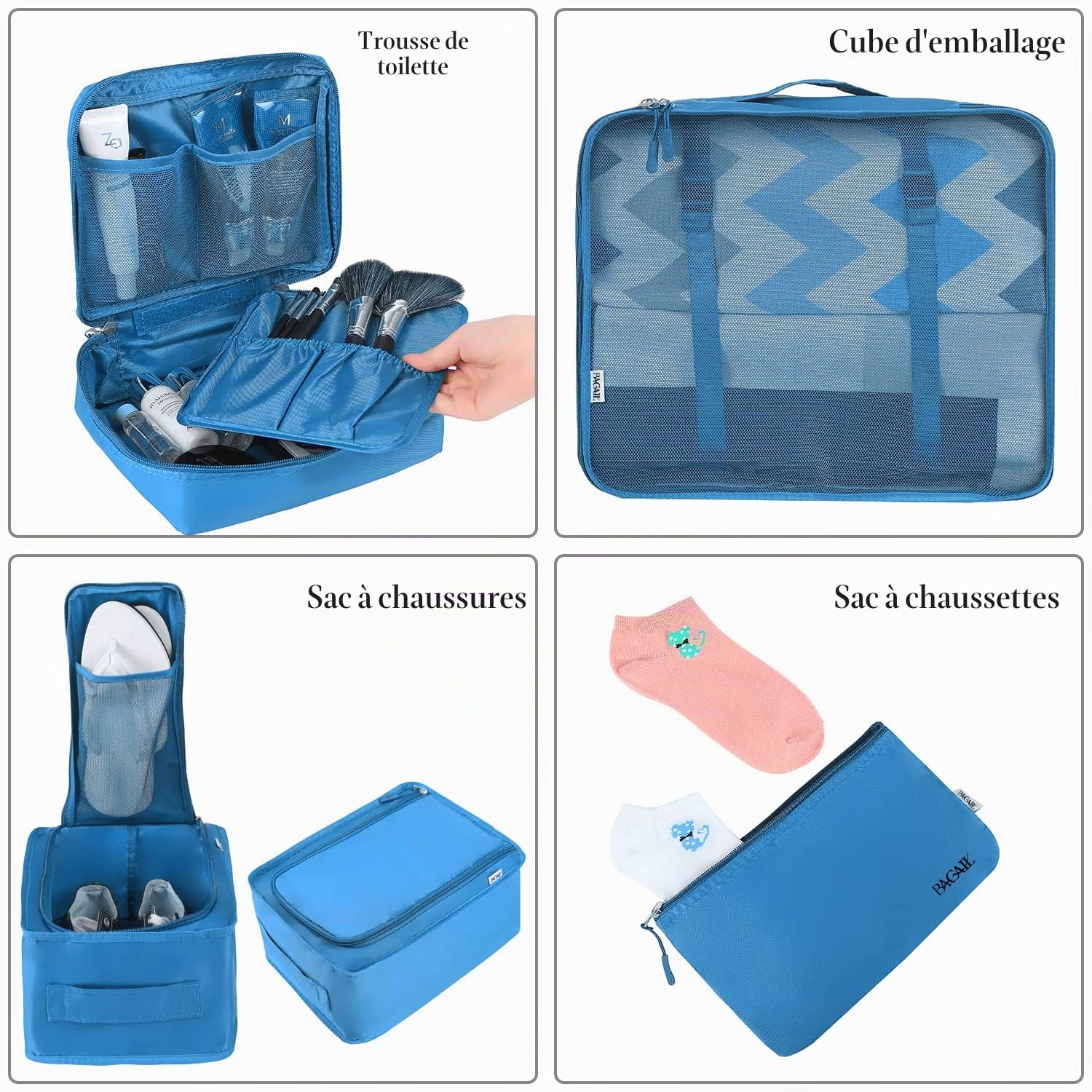 BAGAIL Set de 8 cubes de rangement pour valise, organisateurs légers pour bagages et accessoires de voyage, Bleu