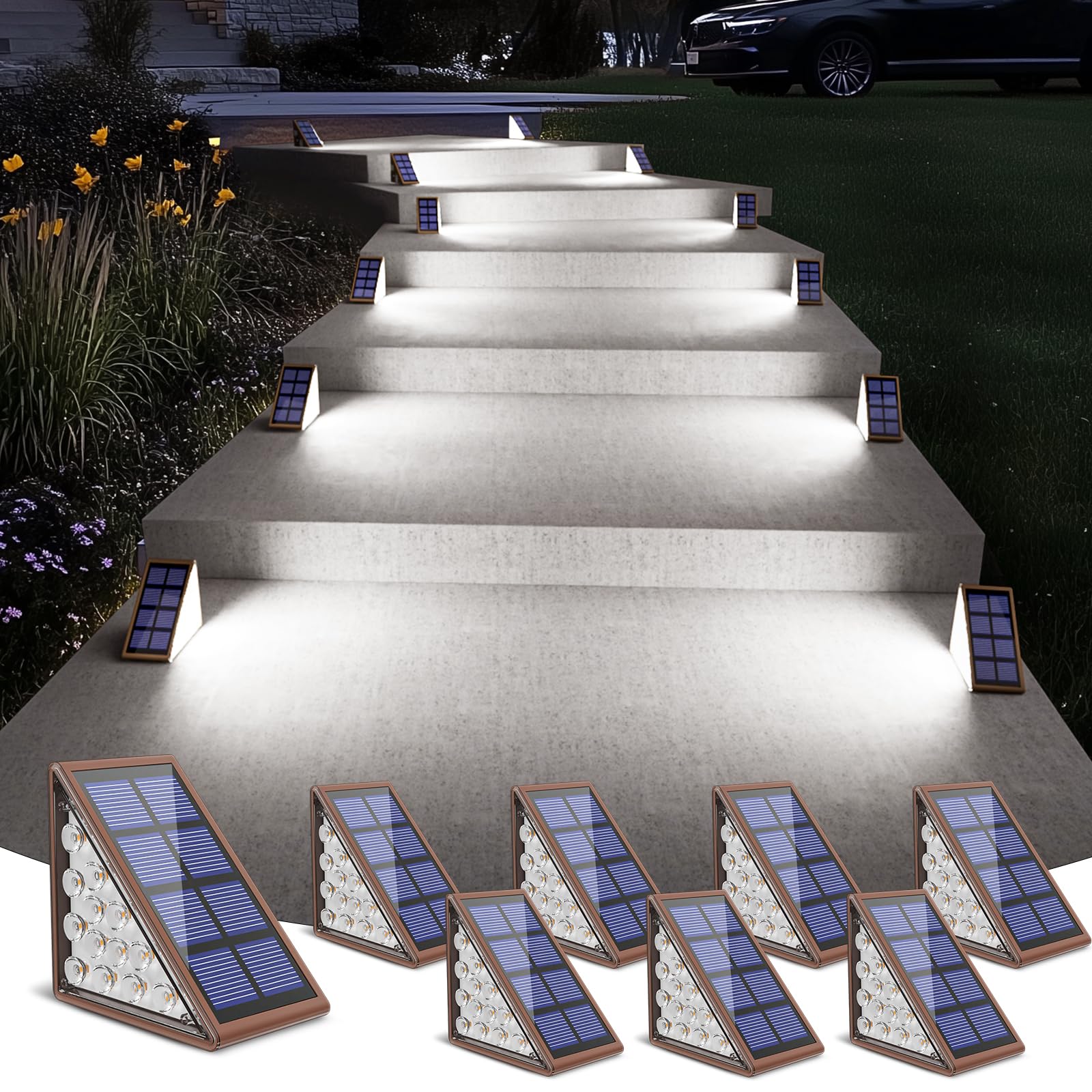 NIORSUN Solar Stair Lights,Cool White Outdoor Step Lights IP67 Waterproof Auto On Off, Outdoor Stair Lights for Steps,Stair,Patio,Yard,Porch,Front Door,Sidewalk,Deck Decor（Brown, 8 Pack）