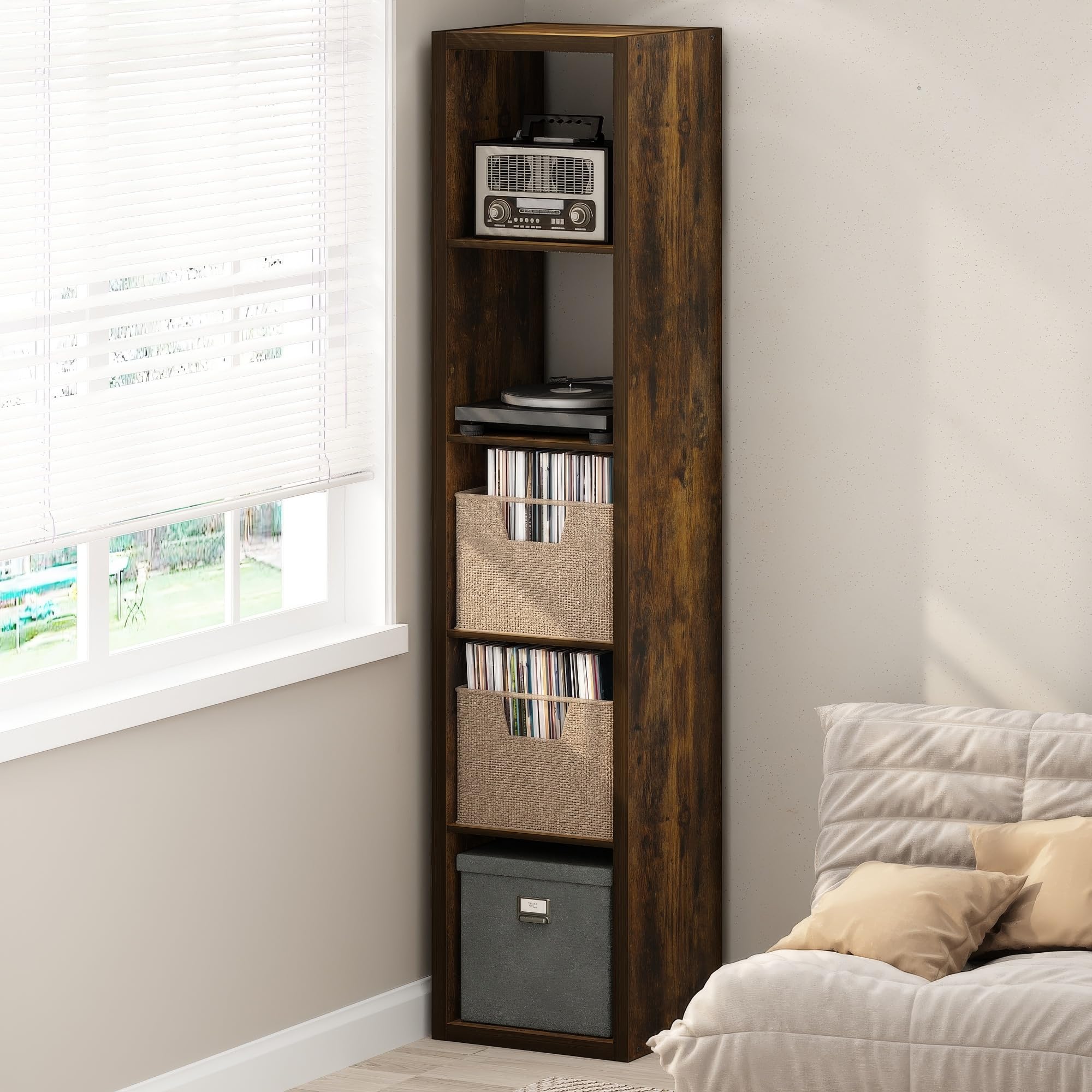 furinno cubicle record player stand with vinyl storage, 5-cube 1.2 extra thick vinyl record storage, open back media shelf for cd dvd blueray game disc, for living room, home office, amber pine