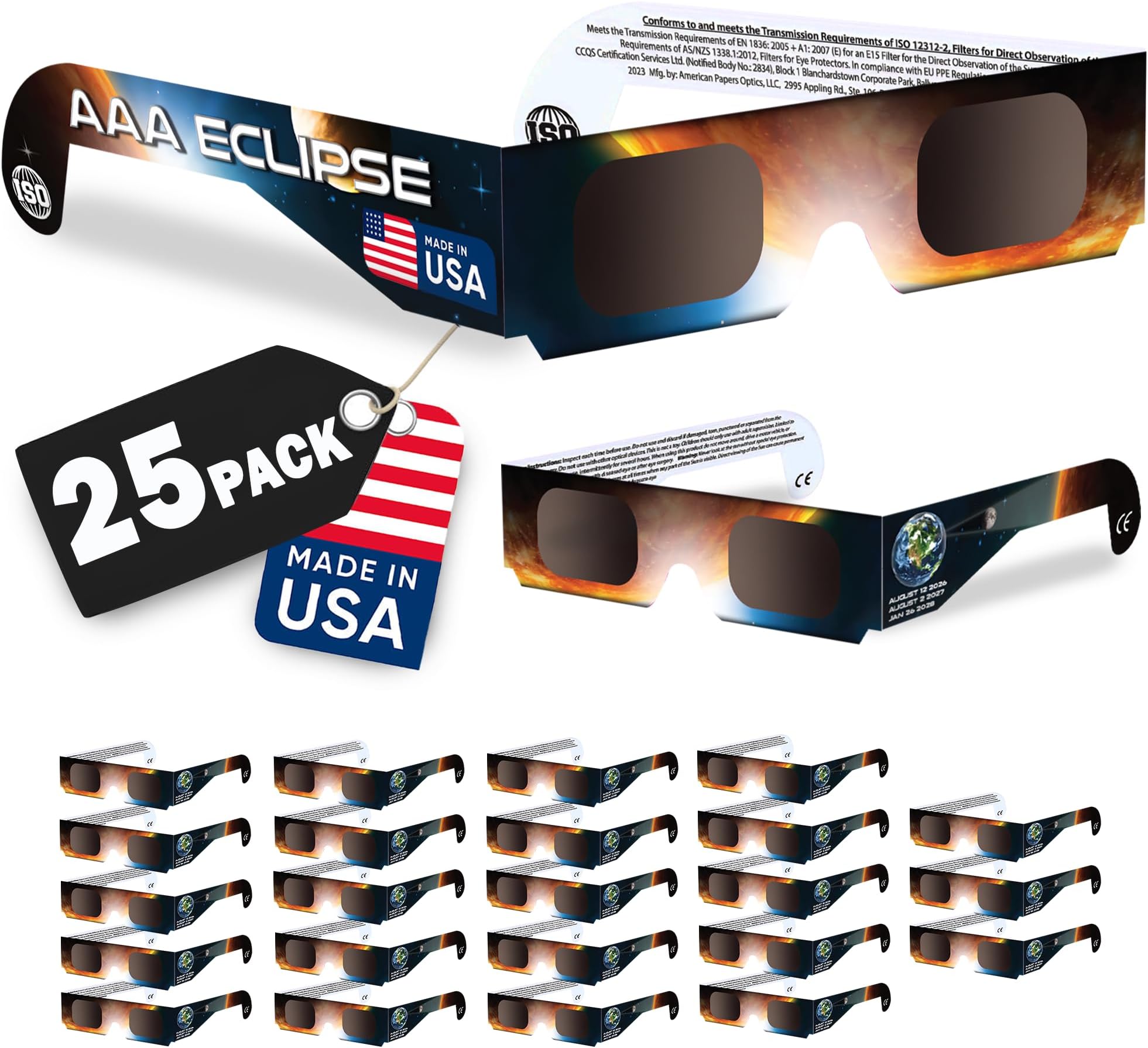 6/12/25/50 Pack Solar Eclipse Glasses | AAS Approved 2026, ISO 12312-2 Certified | Made in USA
