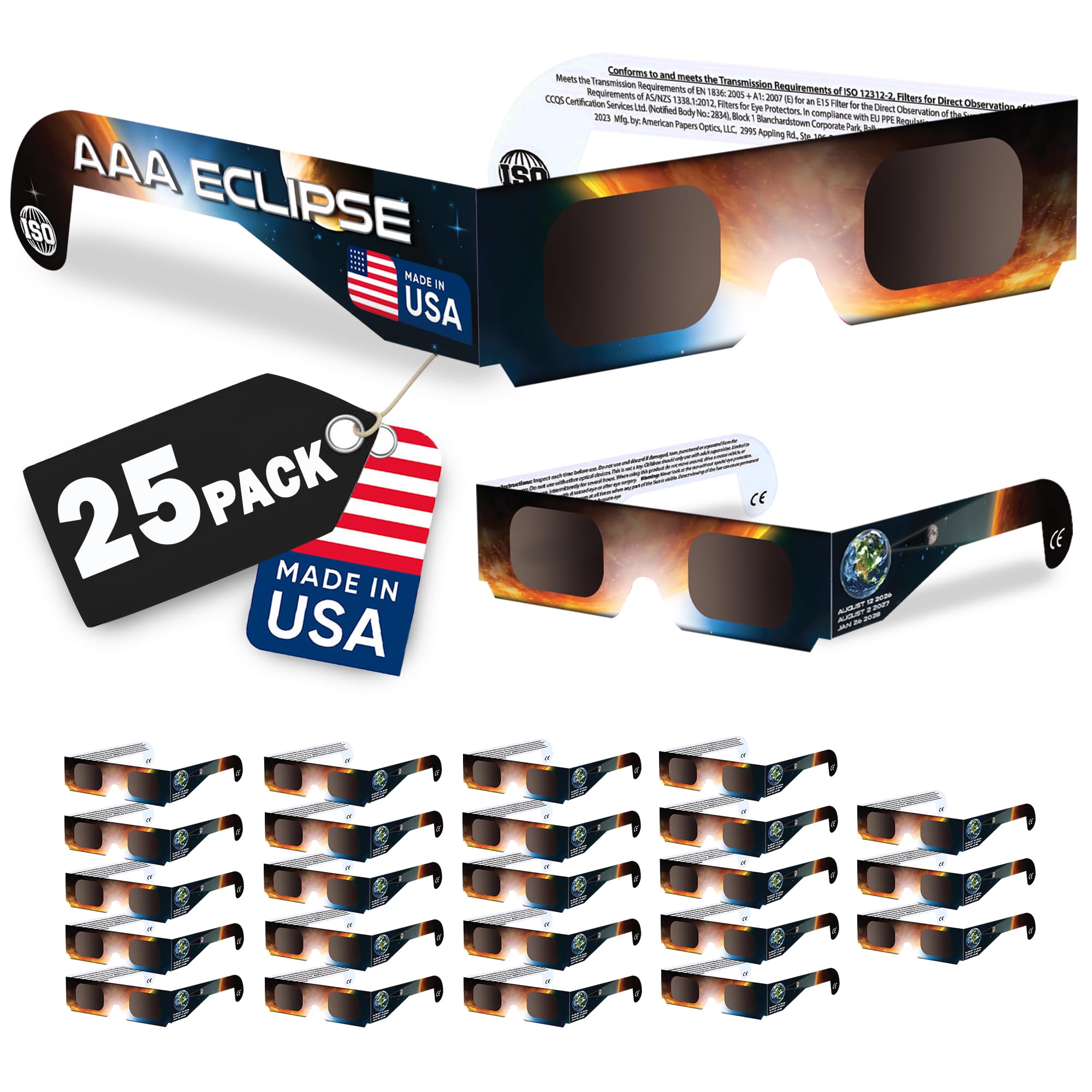 Lot de 25 Lunettes Éclipse Solaire certifiées CE ISO 12312-2 - Fabriquées aux États-Unis - Lunette éclipse solaire pour observation sécurisée - Solar Eclipse Glasses