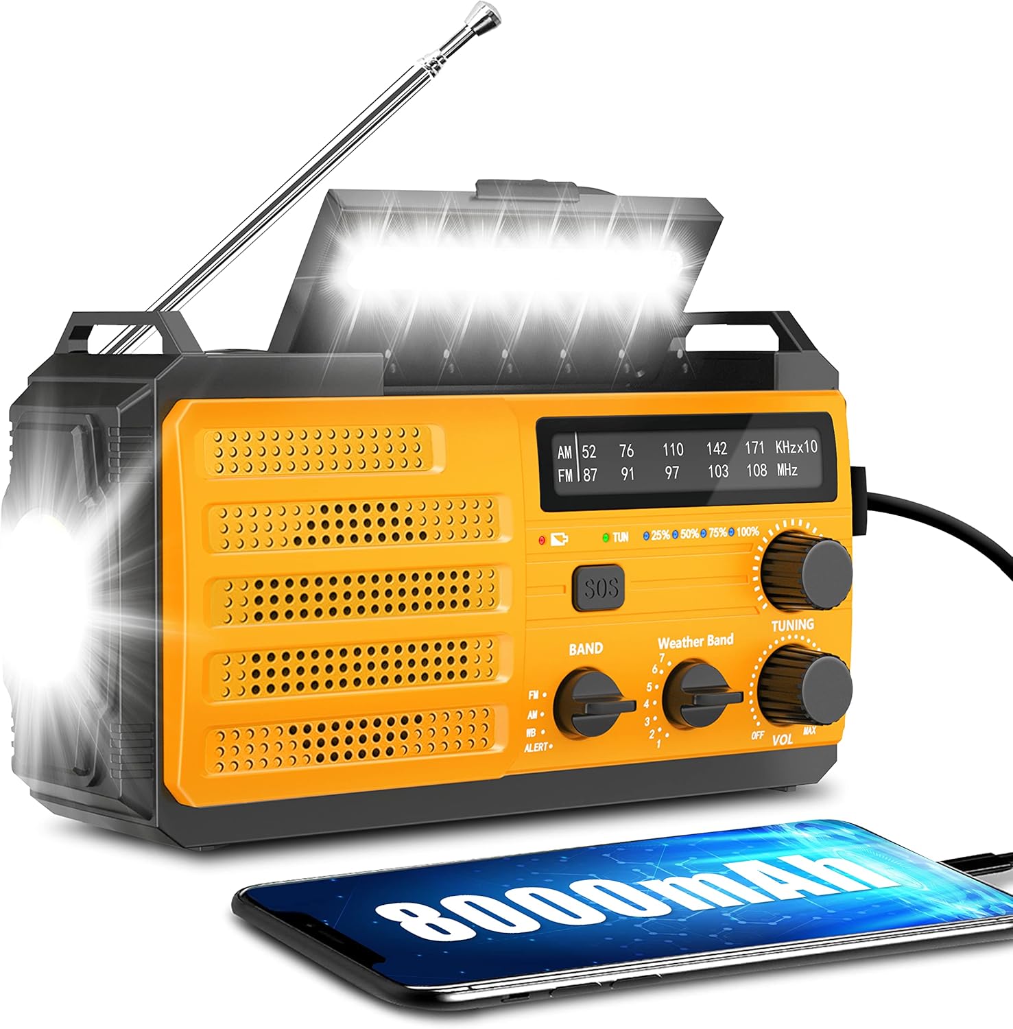 8000mAh Emergency Crank Weather Radio,AM/FM/NOAA Hand Crank Solar Powered Radio with Weather Alert,Emergency Phone Charger,3 Modes Flashlight,SOS Alarm,Earphone Jack,Compass for Emergency Outdoor