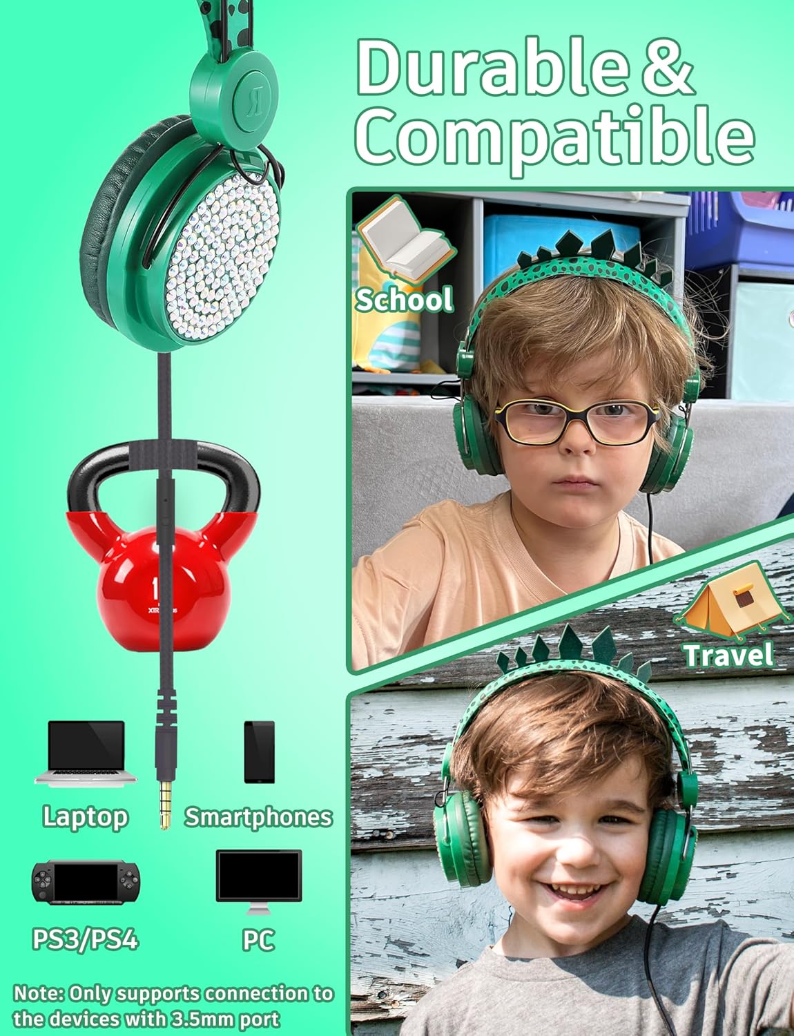 Kids Headphones,Dinosaurs Wired Headsets for Boys&Girls,Built-in Mic&On/Over Ear HD Stereo for Online Study/School/Tablet with Nylon Cable (Green) - Image 3