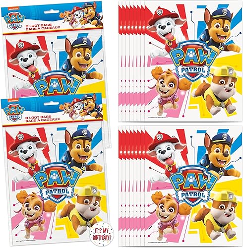 Unique Suministros de fiesta de Paw Patrol | Bolsas de regalos de fiesta de Paw Patrol | Paquete de 16 y calcomanías