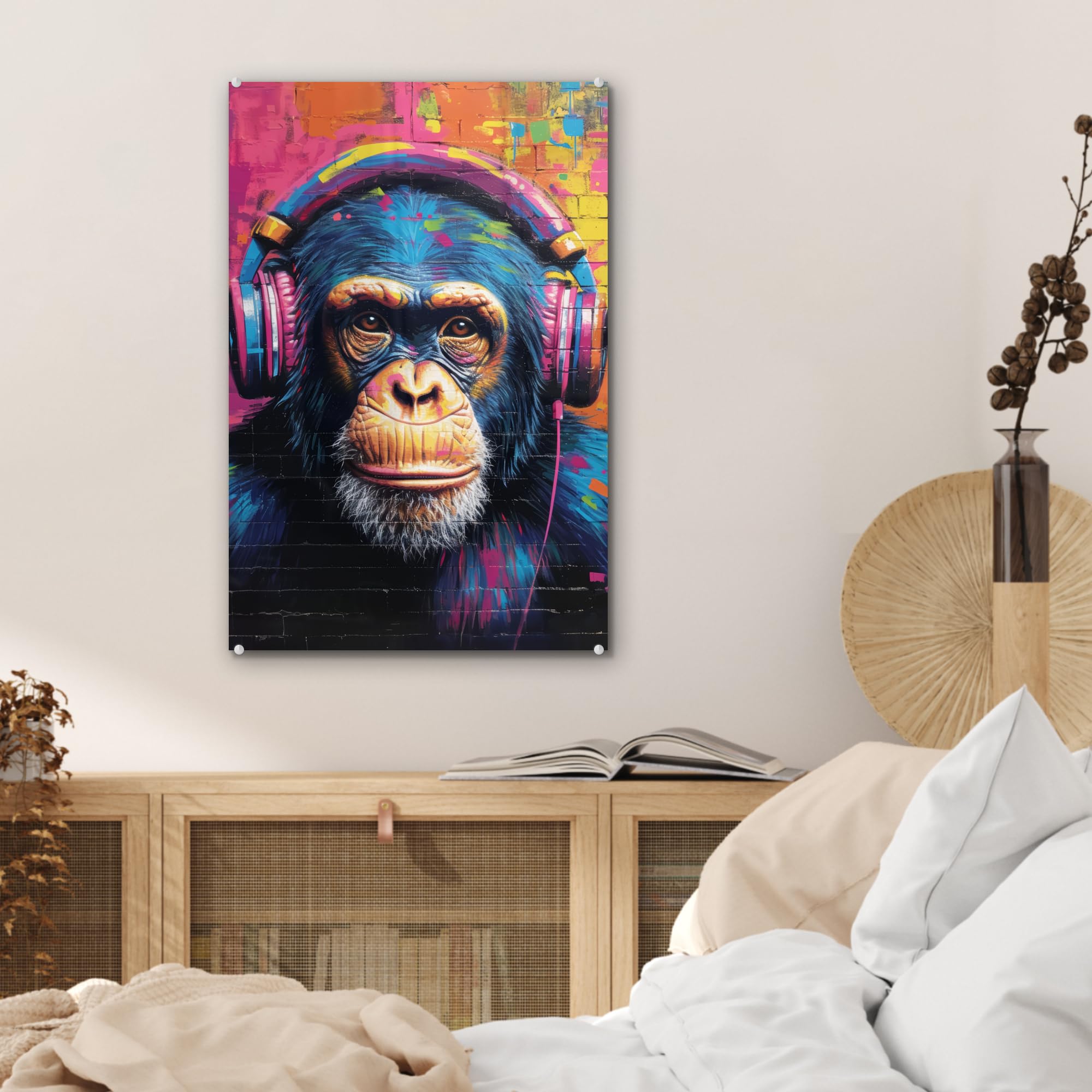 MuchoWow© Tableau en Verre 40x60 cm Décoration Murale Moderne pour Chambre Salle de Bain Salon Idée Cadeau Image Murale Graffiti - Chimpanzé - Art De Rue - Casque - Singe