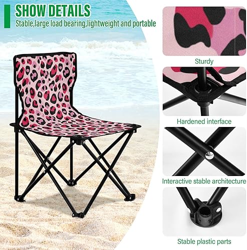 Vista 5 de Gredecor Silla de playa plegable, Silla de camping pequeña, Silla de campamento ligera, Silla de camping al aire libre, Color rosa piel de leopardo