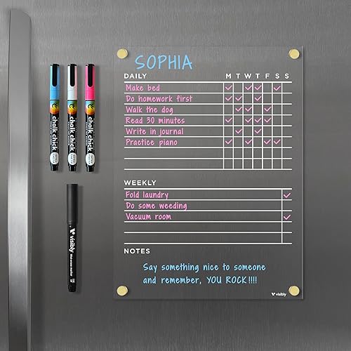 Tabla magnética de tareas acrílicas para refrigerador, incluye 4 marcadores magnéticos de borrado en húmedo para refrigerador, 9 x 12 pulgadas. Pon