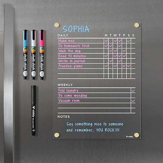Magnetic Acrylic Chore Chart for Fridge, Includes 4 Magnetic Wet-Erase Markers for Refrigerator, 9" X 12". Put Those Kids to Work!
