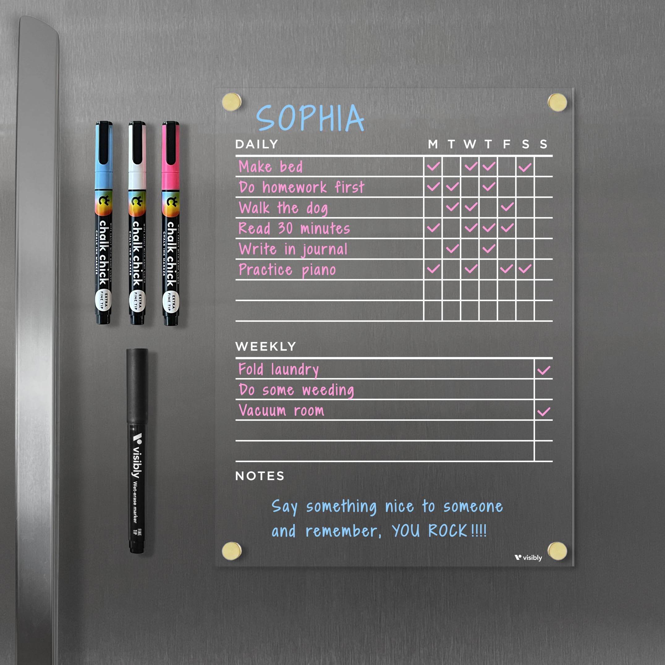 Visibly Magnetic Acrylic Chore Chart for Fridge, Includes 4 magnetic wet-erase markers for Refrigerator, 9" X 12". Put those kids to work!