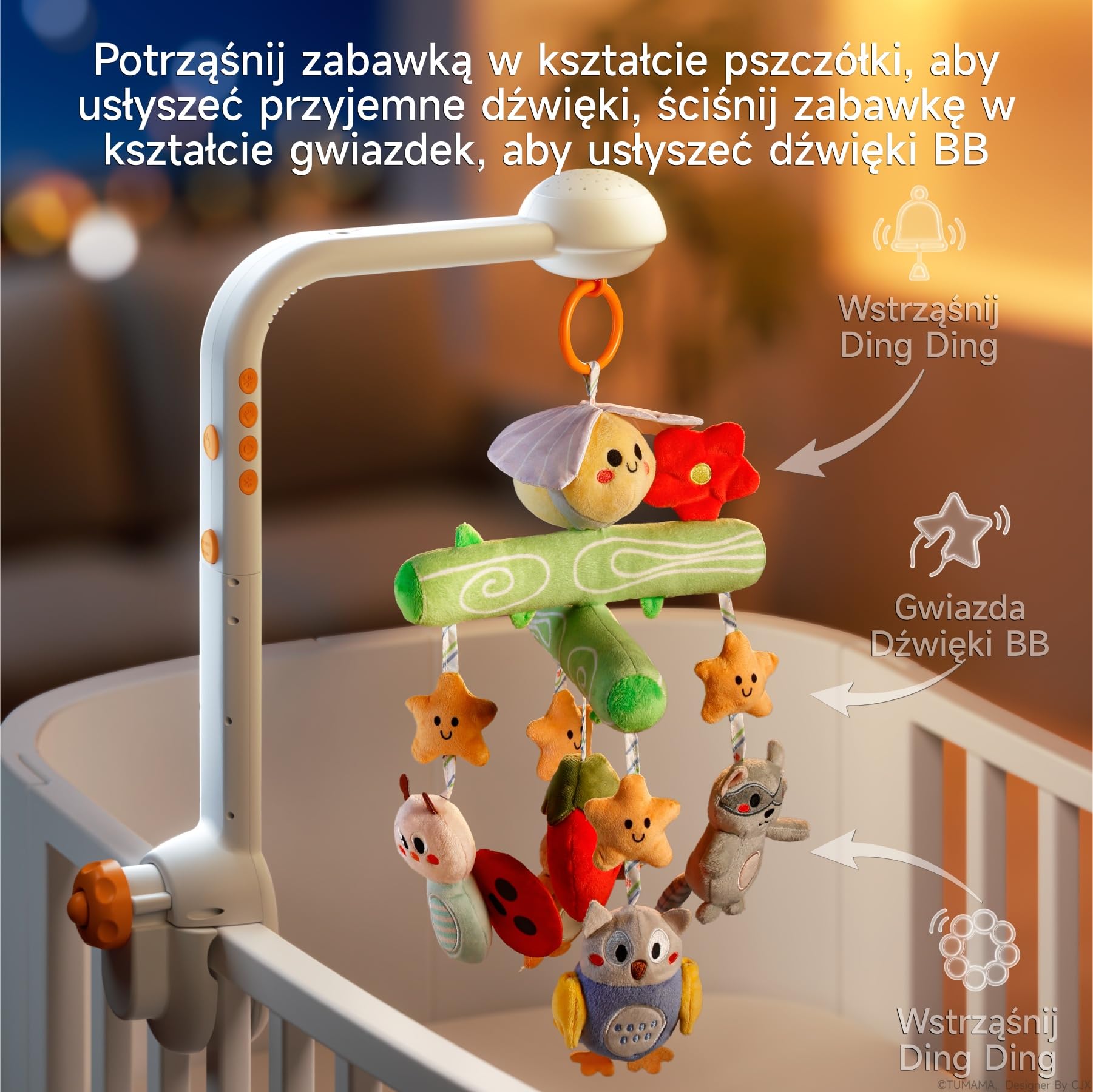 TUMAMA KIDS Mobilne łóżko muzyczne, lampka nocna z projekcją światła, zabawka dla niemowląt 0 3 6 9 miesięcy, mobilny pilot do łóżeczka dla dziecka sensoryczna zabawka na prezent dla urodzonych
