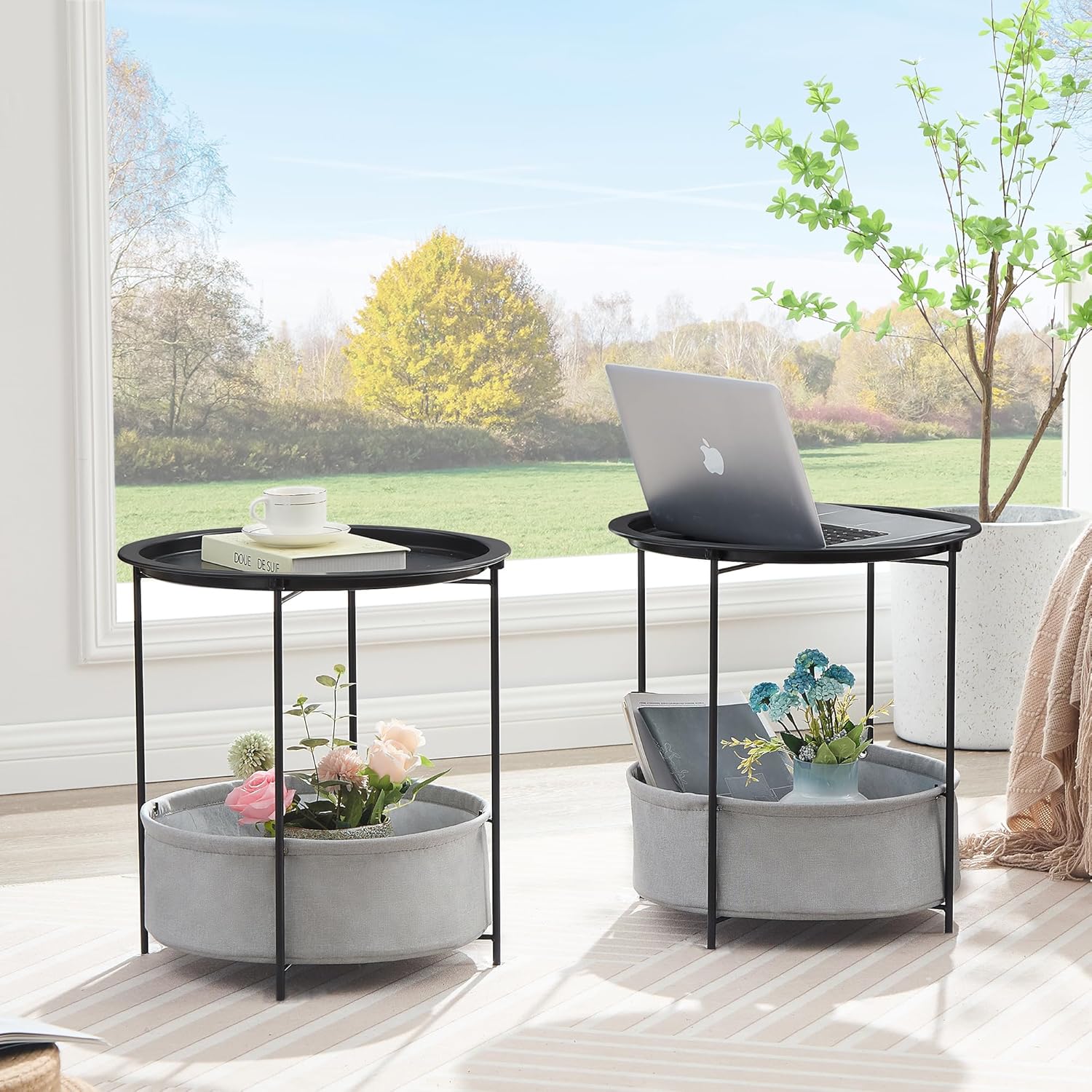 VECELO Round Side/End Table with Fabric Storage Basket，Metal Anti-Rust and Waterproof Small Bedside Nightstand with Removable Tray Top for Living Room，Balcony & Laundry，Black /1pcs with Basket