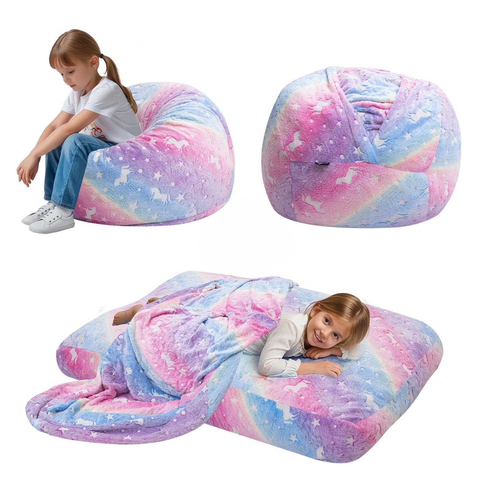 MeMoreCool Kids Bean Bag Chair Turn into Beanbag Bed, Toddler Chair for Girl Boy Reading, Lazy Children Sofa Couch with Filling, Convertible Child Floor Mattress, 75 x 75 x 47cm, Rainbow