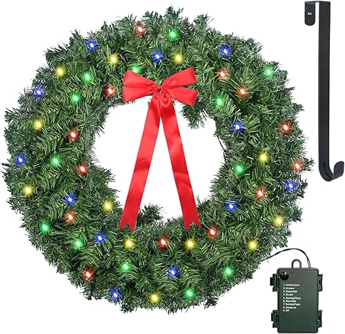 Corona de Navidad de 24 pulgadas, funciona con pilas, 50 luces multicolores, coronas de Navidad iluminadas con colgador de corona de 15 pulgadas