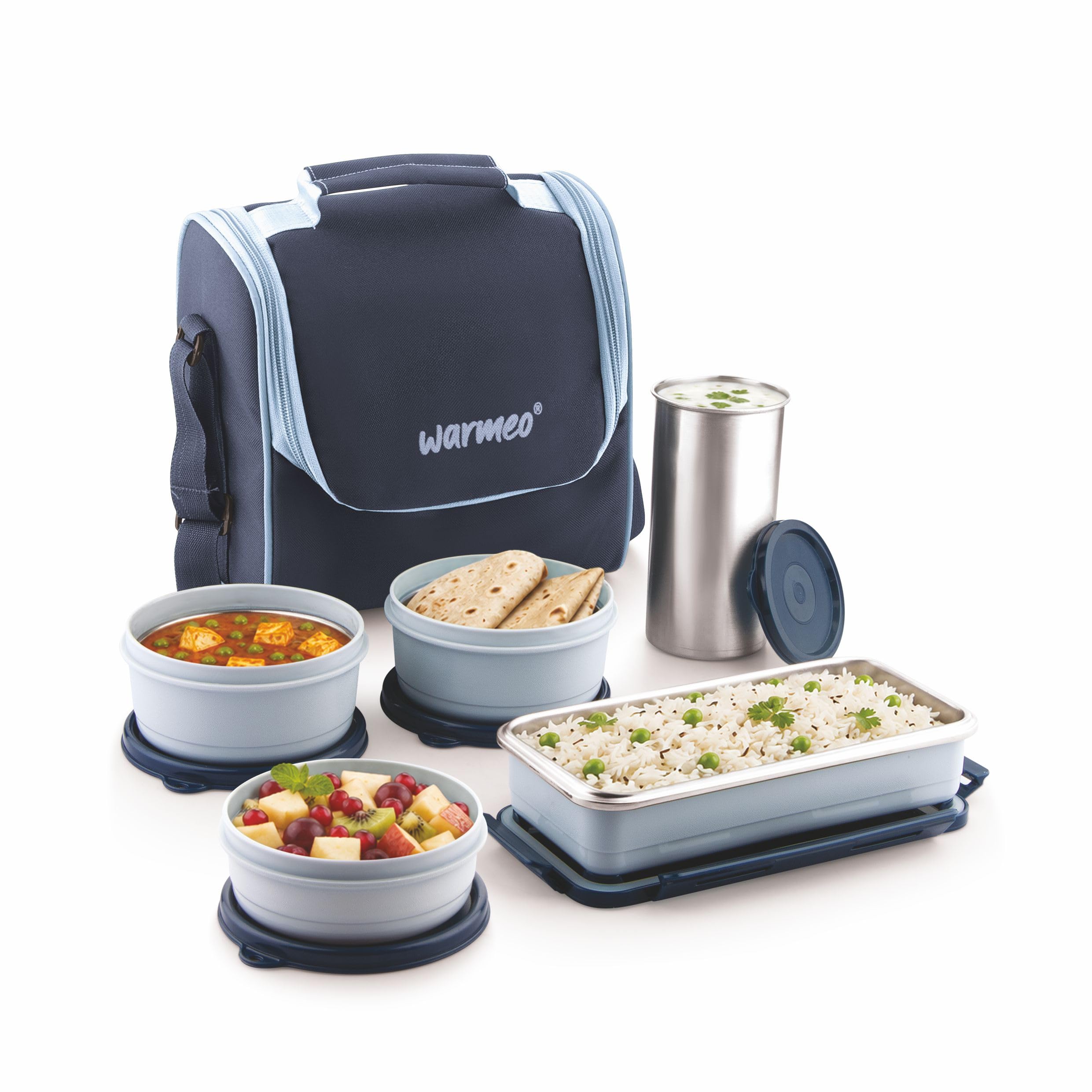 WARMEO Micro Meal Microwave Safe Lunch Box | 1 Rectangular Container 600ml + 2 Round Containers 350ml Each + 1 Round Container 250ml + 1 Steel Tumbler 500ml | Office,School,Picnic,Blue
