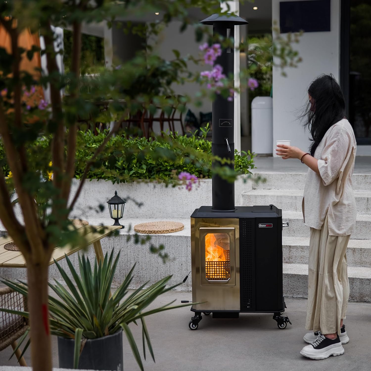 110,000 BTU Pellet Patio Heater for Outdoor Use with Glass Window and Pellet Hopper Ideal for Backyard Balcony 6-8 people