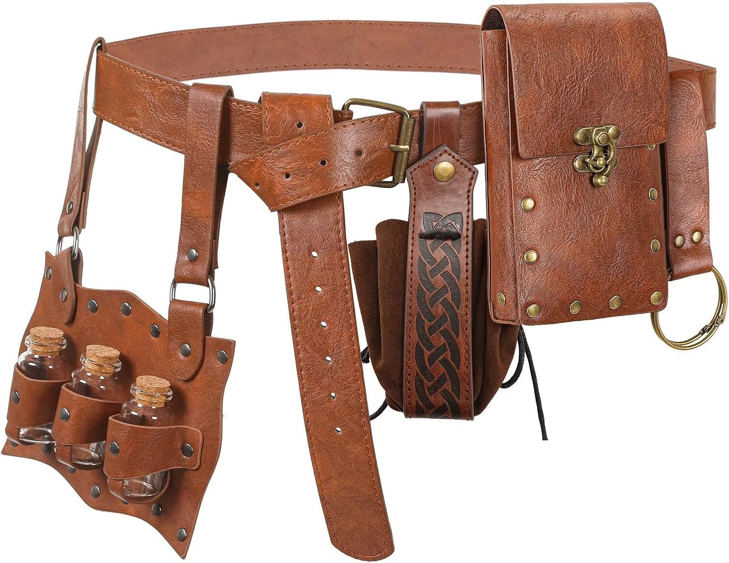 Renaissance Accessories Belt Pouch Medieval Pirate Leather Belt Viking Witch Potion Bottle Costume Men Women for Ren Fair Halloween (B Brown)