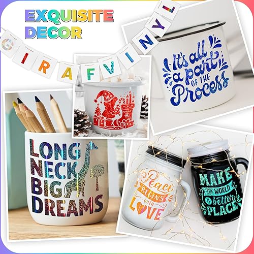 Miniatura 4 de GIRAFVINYL Paquete de vinilo holográfico con purpurina, vinilo permanente holográfico arcoíris de 12 x 12 pulgadas, 17 hojas de vinilo permanente