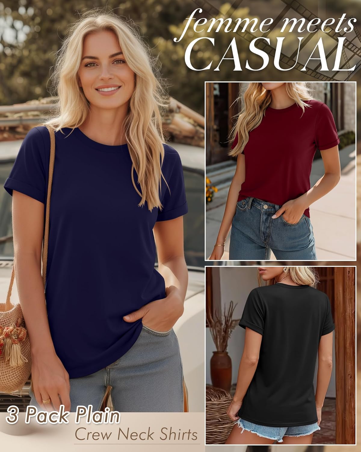 Huukeay 3 Pack Women's Cotton T Shirts Casual Short Sleeve Tunic Tops Crewneck Summer Loose Fit Plain Basic Tee - Image 4