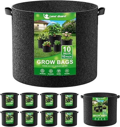 Land Guard Paquete de 10 bolsas de cultivo de tela de 10 galones, macetas de jardín no tejidas gruesas, bolsas de cultivo con asas, color negro