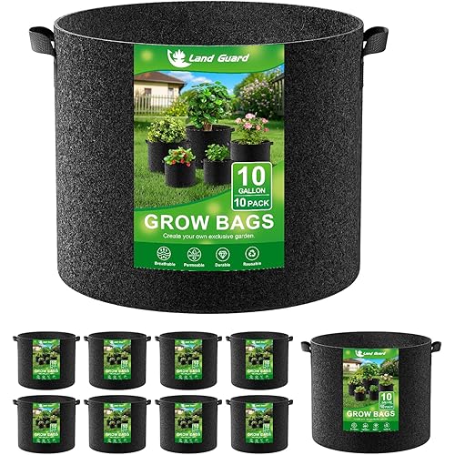 Land Guard 10-Pack Fabric Grow Bags 10 Gallon, Thickened Nonwoven Garden Pots, Growing Bags with Handles, Black