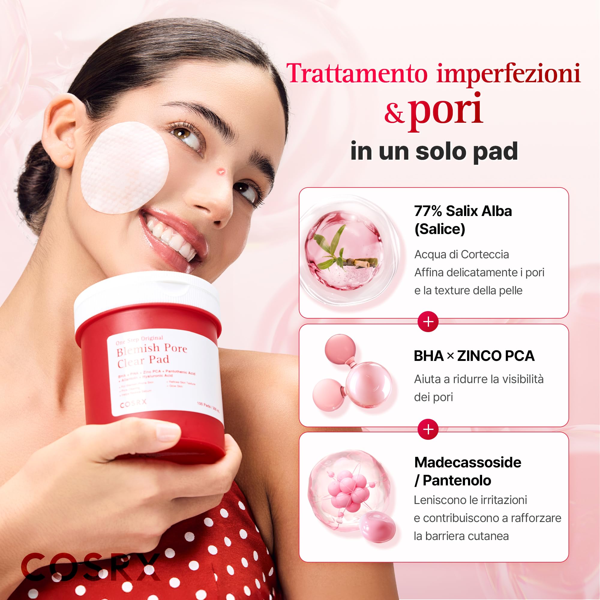 COSRX OneStep Original Blemish Pore Clear Pad, 100 cialde, Dual side Face Pad for Exfoliation, Pore Care & Idration with BHA, PHA & Zinc PCA & 5 Acidi ialuronici, coreano Skin Care