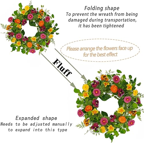 Vista 3 de Corona artificial de primavera con margaritas con pensamiento, gloria matutina amarilla para puerta delantera, interior, exterior, pared, porche