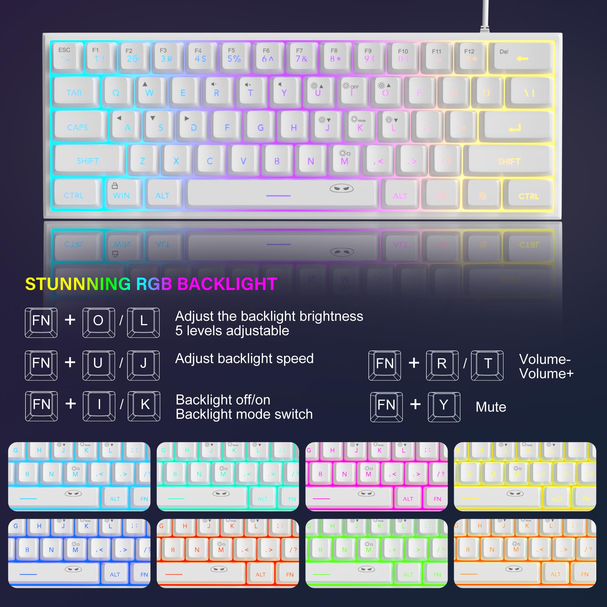 MageGee Tastiera da gioco al 60%, impermeabile, ultra-compatta, mini tastiera a 61 tasti, retroilluminata RGB, tastiera portatile per computer Mac Windows Laptop Xbox PS PC (bianco)