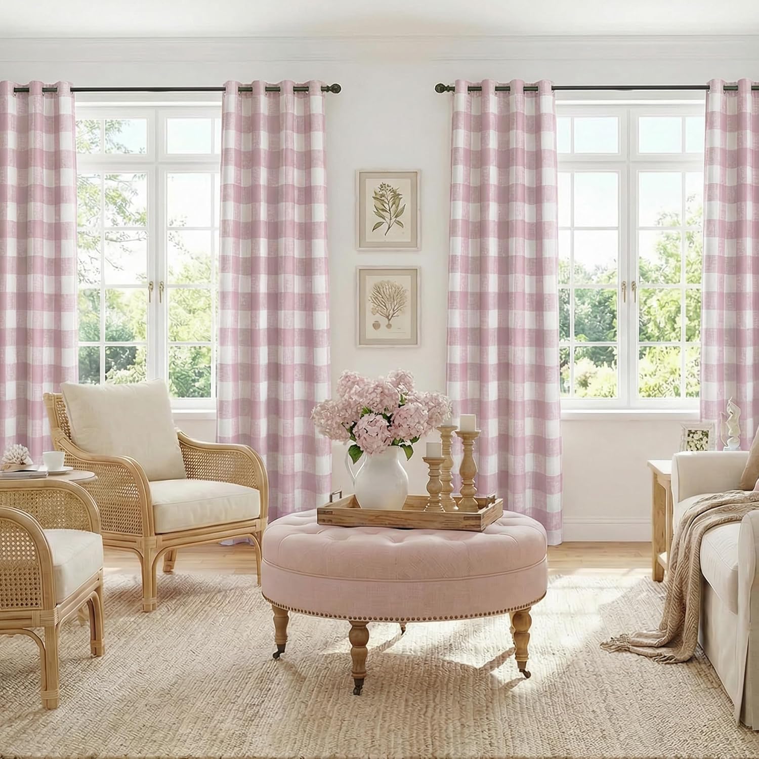 MYSKY HOME 100% Blackout Pink Plaid Linen Curtains 63 inch Length 2 Panels for Girls Bedroom Buffalo Gingham Rustic Farmhouse Double Layer Thermal Insulated Privacy Grommet Drapes, W52 Each Panel