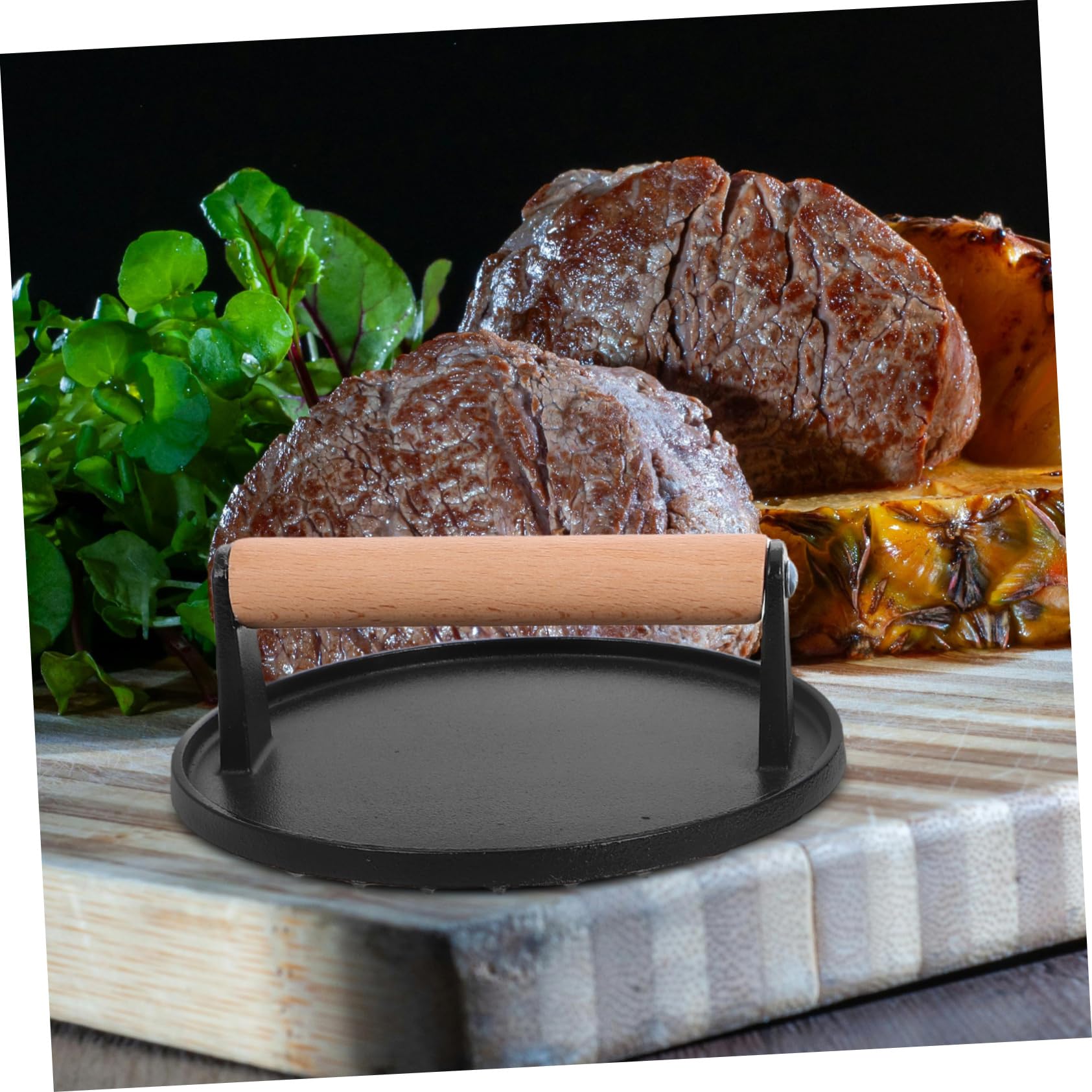 Mikikit Prensa para Hamburguesas y Carne Hierro Fundido 2 Piezas con Mango Madera Ergonómico Sin Recubrimiento Prensa Larga Multifunción para Barbacoa y Cocina Hogar