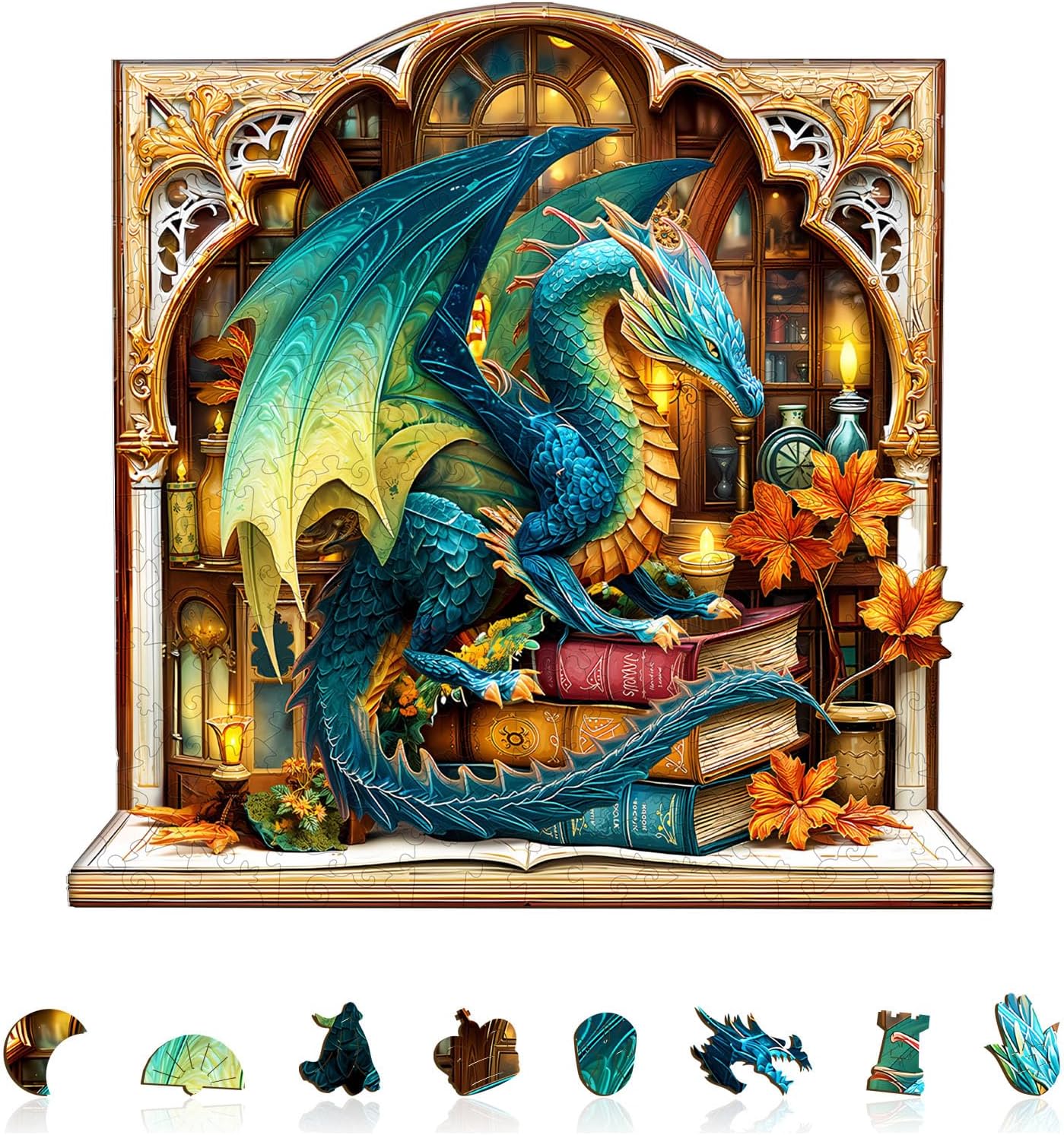 Wooden Puzzles for Adults, Bookcase Dragon Jigsaw Puzzles, 100 Piece Unique Shaped Puzzle, Animal Theme Shape Puzzle, Gifts for Adults/Friends/Family, Family Game，Wall Decor(8.3 * 8.1in)