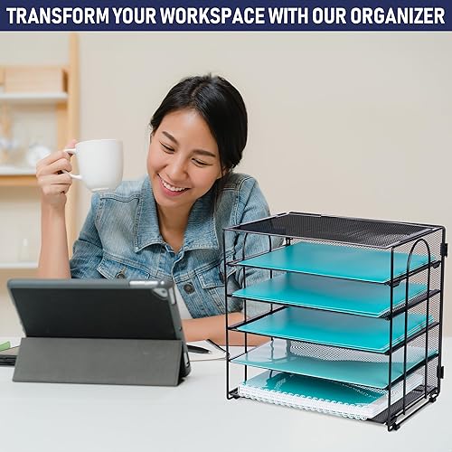 Miniatura 7 de Dasher Products Bandeja organizadora de escritorio, bandeja de cartas en malla de metal negro para organizar archivos, papeles, facturas, carpetas,