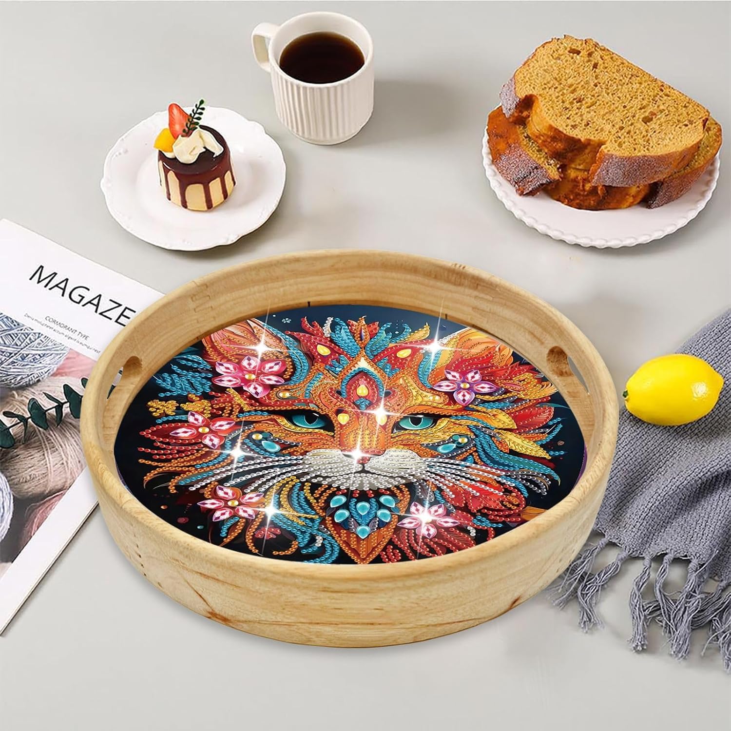 DoxQcs DIY Cat Diamond Art Tray Kit, 10in Round Wooden Tray with Handle, Modern Diamond Painting Art Set for Kids & Adults