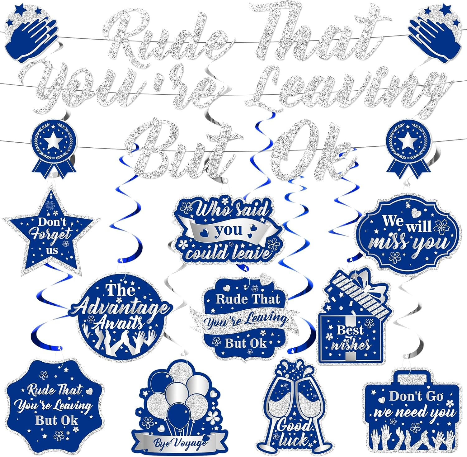 Rude That You're Leaving But OK Banner Decorations Blue Silver Going Away Banner Hanging Swirls Decorations for Office Goodbye Farewell Coworker Leaving Job Retirement Party Supplies