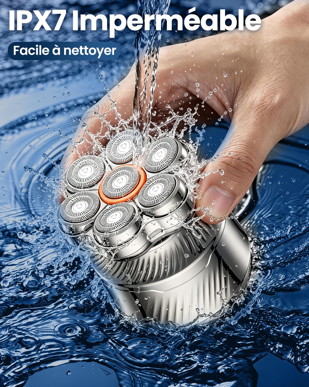 Rasoir Crâne Homme 7D, Rasoir Électrique 6 en 1 avec Têtes Flottantes, Tête Magnétique Amovible, Rasage Humide et Sec, Écran LED, Charge USB-C, Tondeuse Nez, Tondeuse Cheveux et Corps