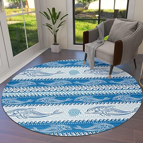Alfombra redonda de verano con delfines de 4 pies, lavable para interiores y exteriores, para dormitorio, cocina, baño, sala de estar, oficina, área