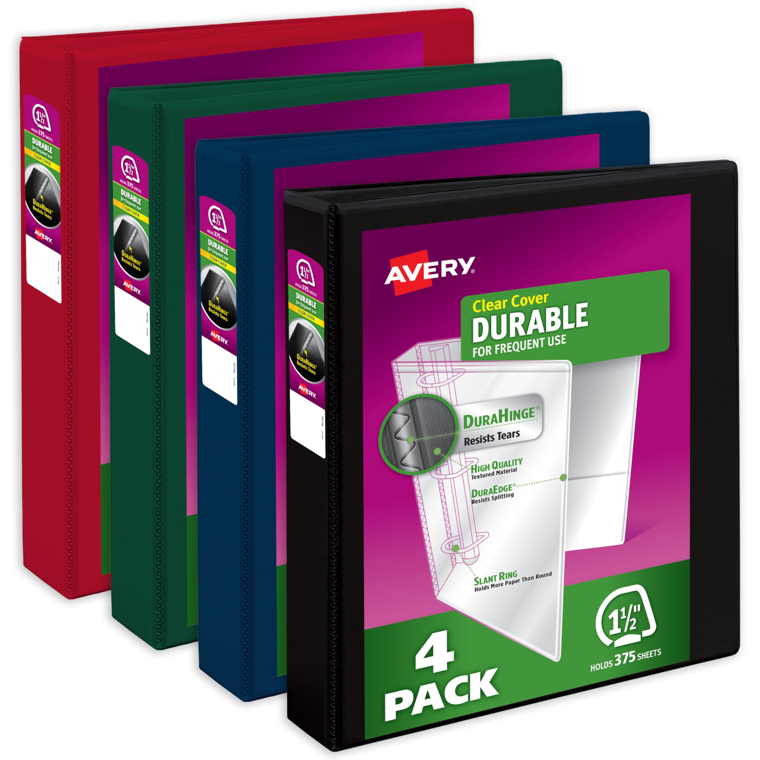 Avery Durable View 3 Ring Binders, 1.5 Inch Slant Rings, 375-Sheet Capacity, Assorted Dark Colors, 4-Pack (05622) – for School, Office, Teachers,