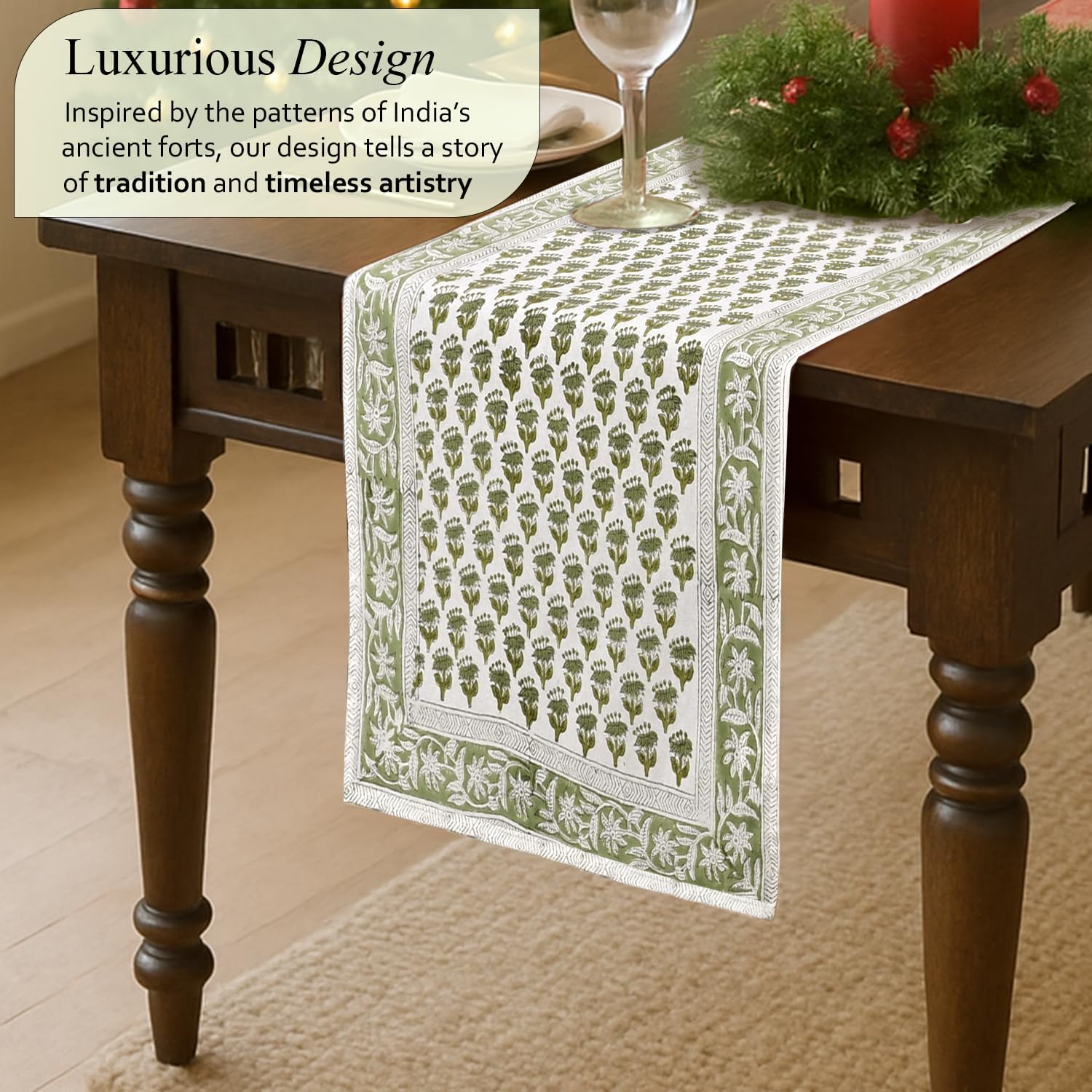 CPC Emerald Green Block Print Cotton Table Runner 16x60 Inch Long Fall Table Runner for Everyday Dining, Festive, Wedding, Home Decor, Farmhouse, Outdoor Gift for Spring,Mother's Day