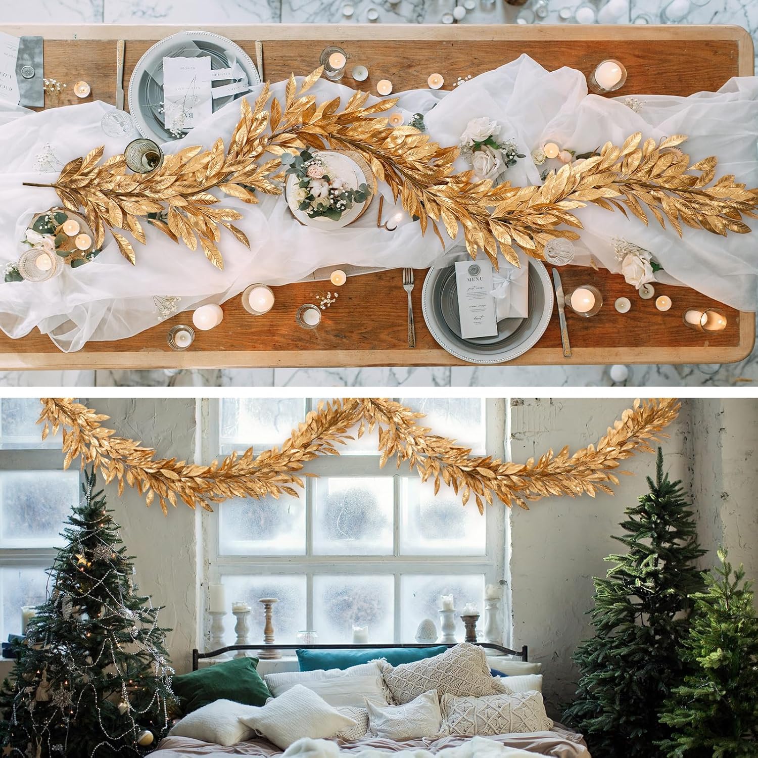 Jutom 6 Ft Gold Christmas Bay Leaf Garland Decoration Gold Bayleaf Garland for Christmas Fireplace Front Door Stairs Decoration Xmas Holiday Winter Engagement Birthday Wedding Supplies
