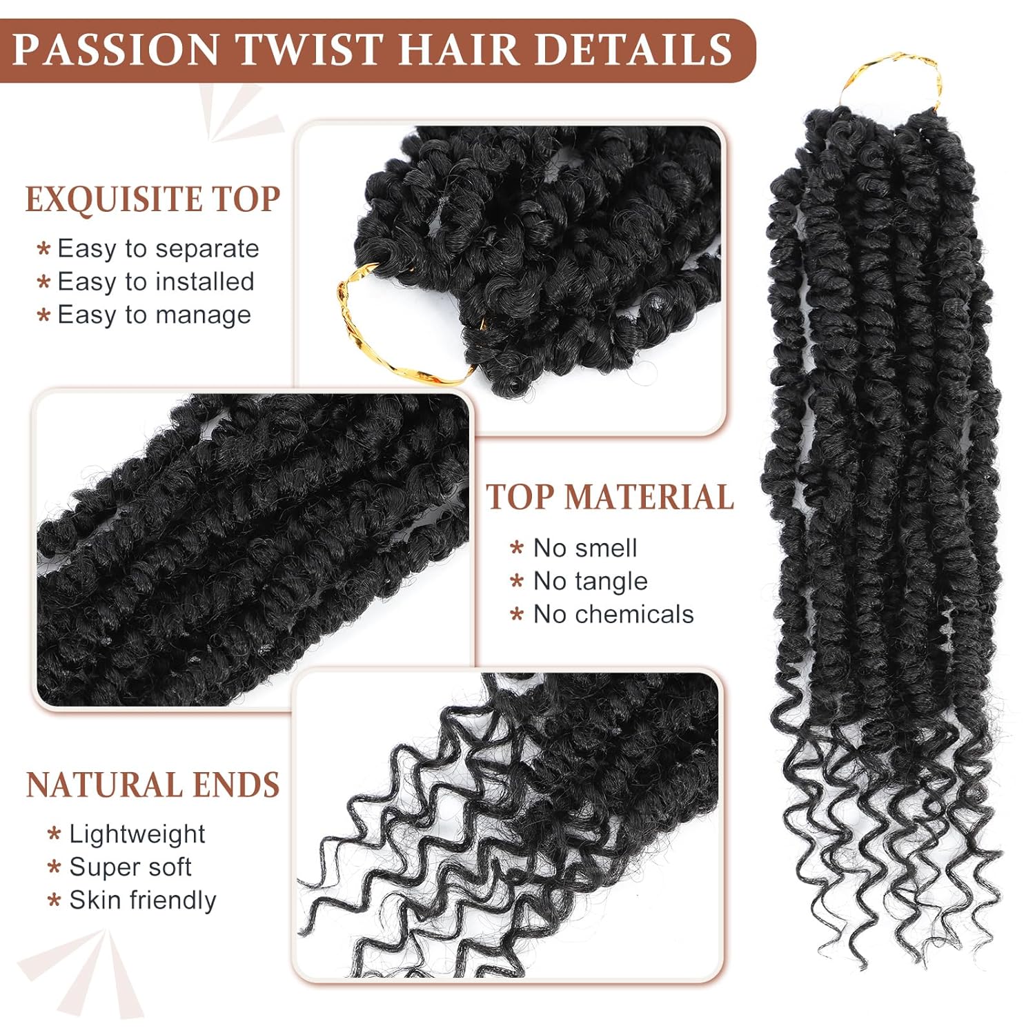 Passion Twist Crochet Hair, Passion Twist Crochet Hair Pre-Twisted 18 inch 8 Packs, Soft Pre Looped Curly Crochet Braid Hair Extension,Pre Looped Crochet Hair For Black Women(1B)