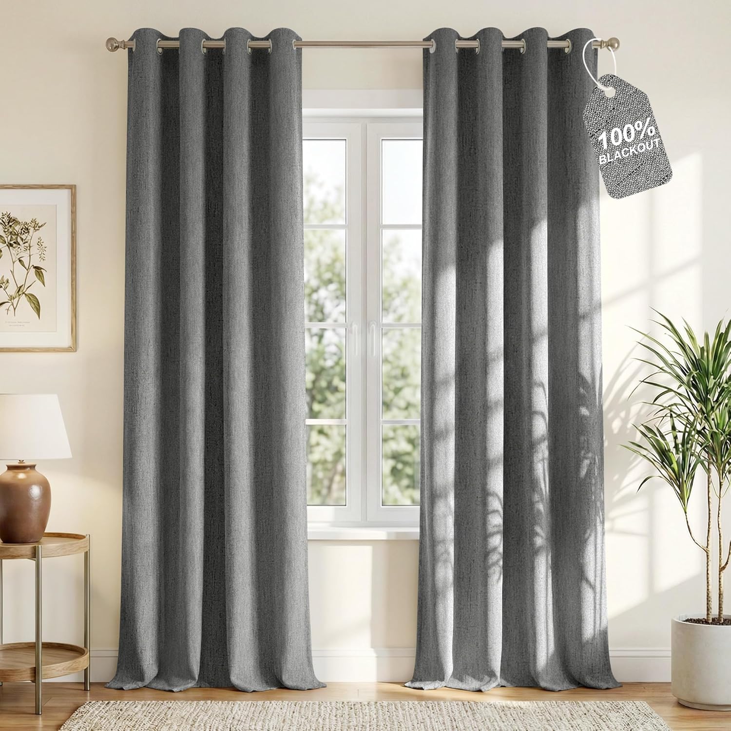 NICETOWN 100% Blackout Grey Curtains Linen Blend with White Liner Composite, Grommet Thermal Drapes Sound Reducing Relax Home Decor Window Treatments for Living Room, 2 Panels, W52 x L84