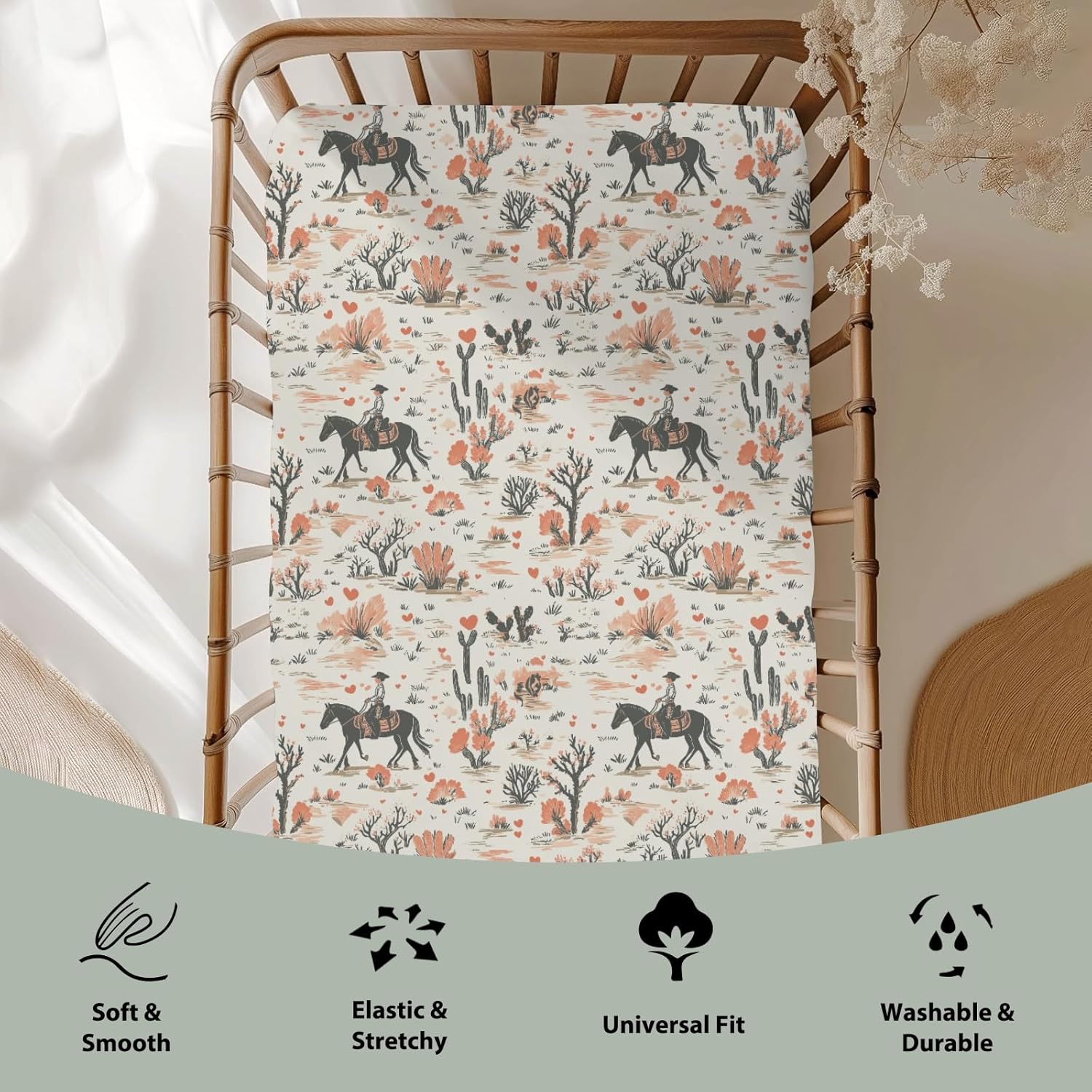 Vintage Western Cowgirl Love Baby Crib Sheets for Boy Girl 28"x52" Retro Pink Cowgirl Horse Cactus Soft Stretchy Fitted Crib Mattress Cover Wild West Baby Sheet for Standard Crib and Toddler Mattress