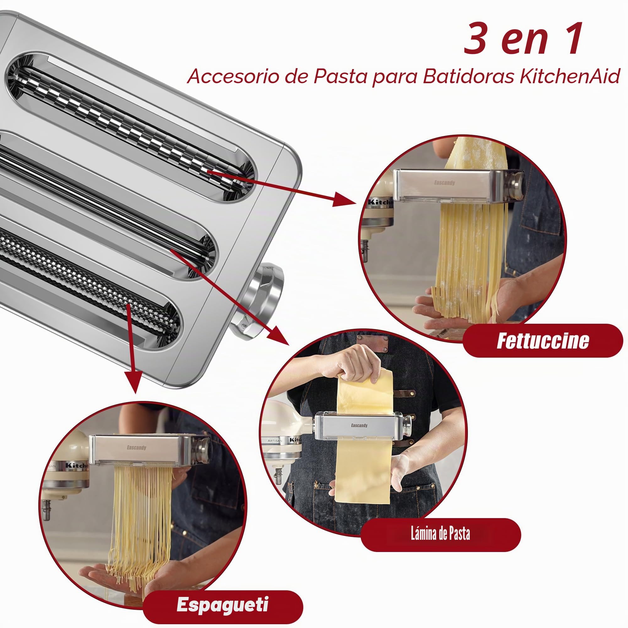 Accesorio para hacer pasta totalmente de metal para KitchenAid, accesorio para pasta 3 en 1 para batidora de pie Kitchen Aid, accesorio para hacer pasta fresca ajustable de 8 velocidades