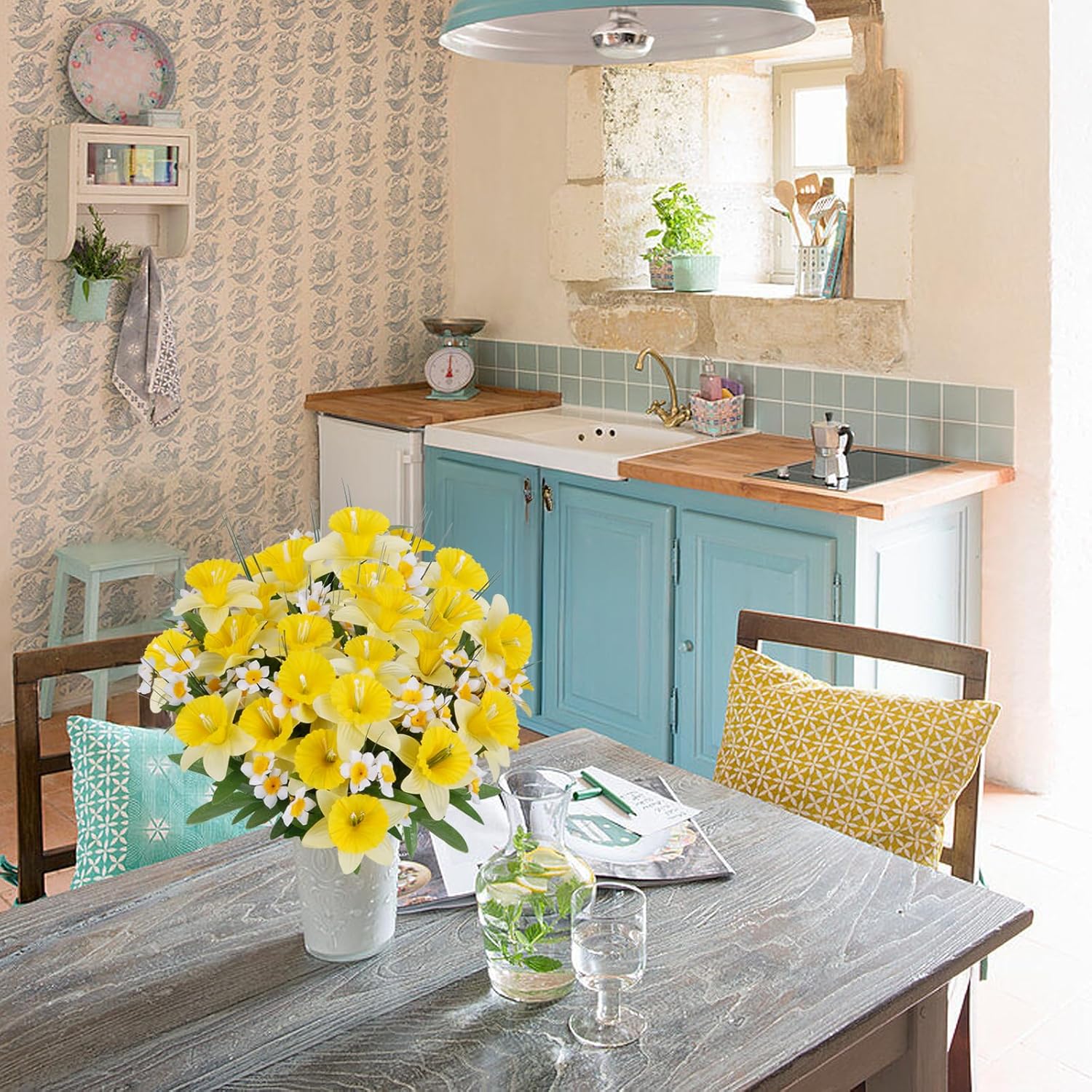 4PCS Artificial Daffodils Flowers 18" Tall Silk Narcissus Large Faux Spring Bouquet Fake Yellow Floral Table Arrangemet for Table Home Cemetery Wedding Garden Indoor Outdoor Decor