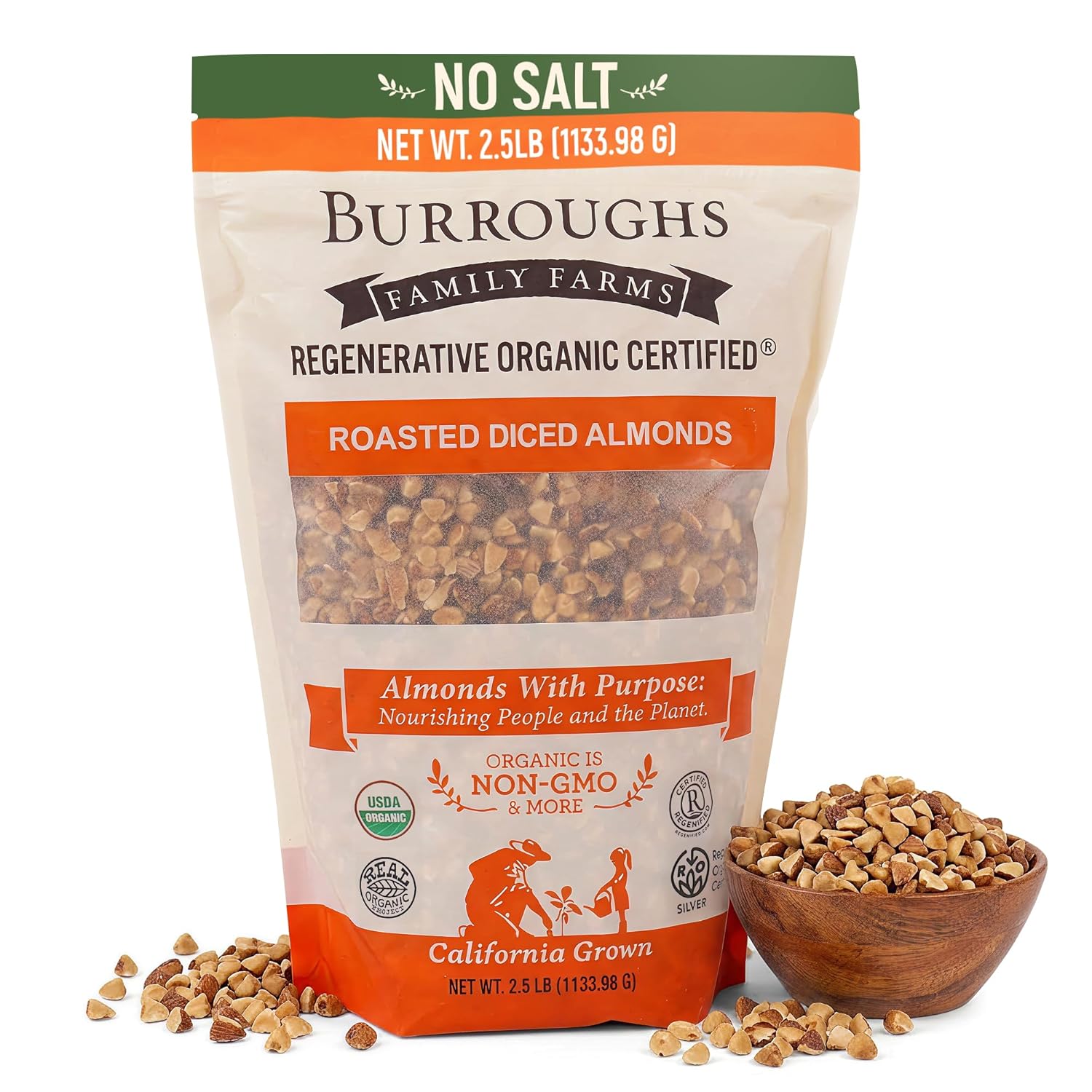 Burroughs Family Farms 2.5lb USDA Organic Roasted and Diced Almonds – First Regenerative Organic Certified Farm – Unsalted, Roasted and Chopped Almonds Gluten-Free, Non-GMO, Vegan, Paleo & Keto-Friendly Almond Nuts – High in Protein & Nutrients Versus Other Nuts