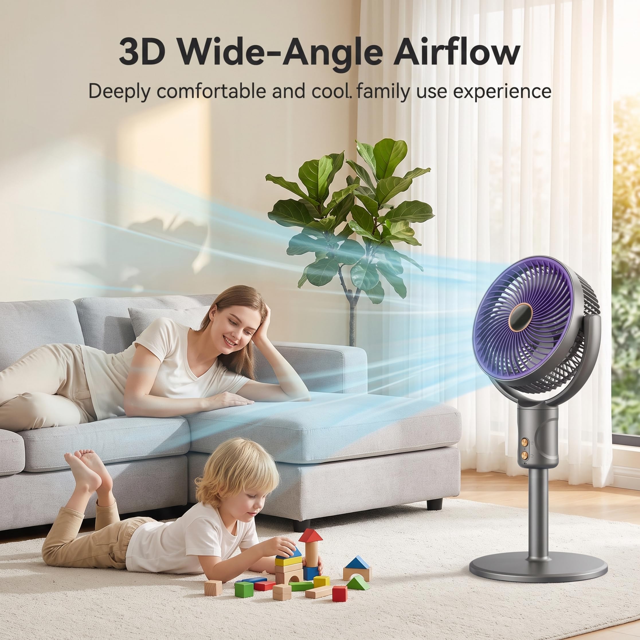 Ventilatore Pieghevole, Ventilatore da Terra Portatile, ventole oscillanti silenziose Senza Fili con Altezza Regolabile, utilizzo su scrivania e Pavimento, Grigio
