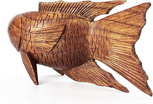 Miniatura 3 de G6 Collection Estatua de madera tallada a mano de pez Koi, escultura artística, decoración rústica para el hogar, acento hecho a mano, hecho a mano,
