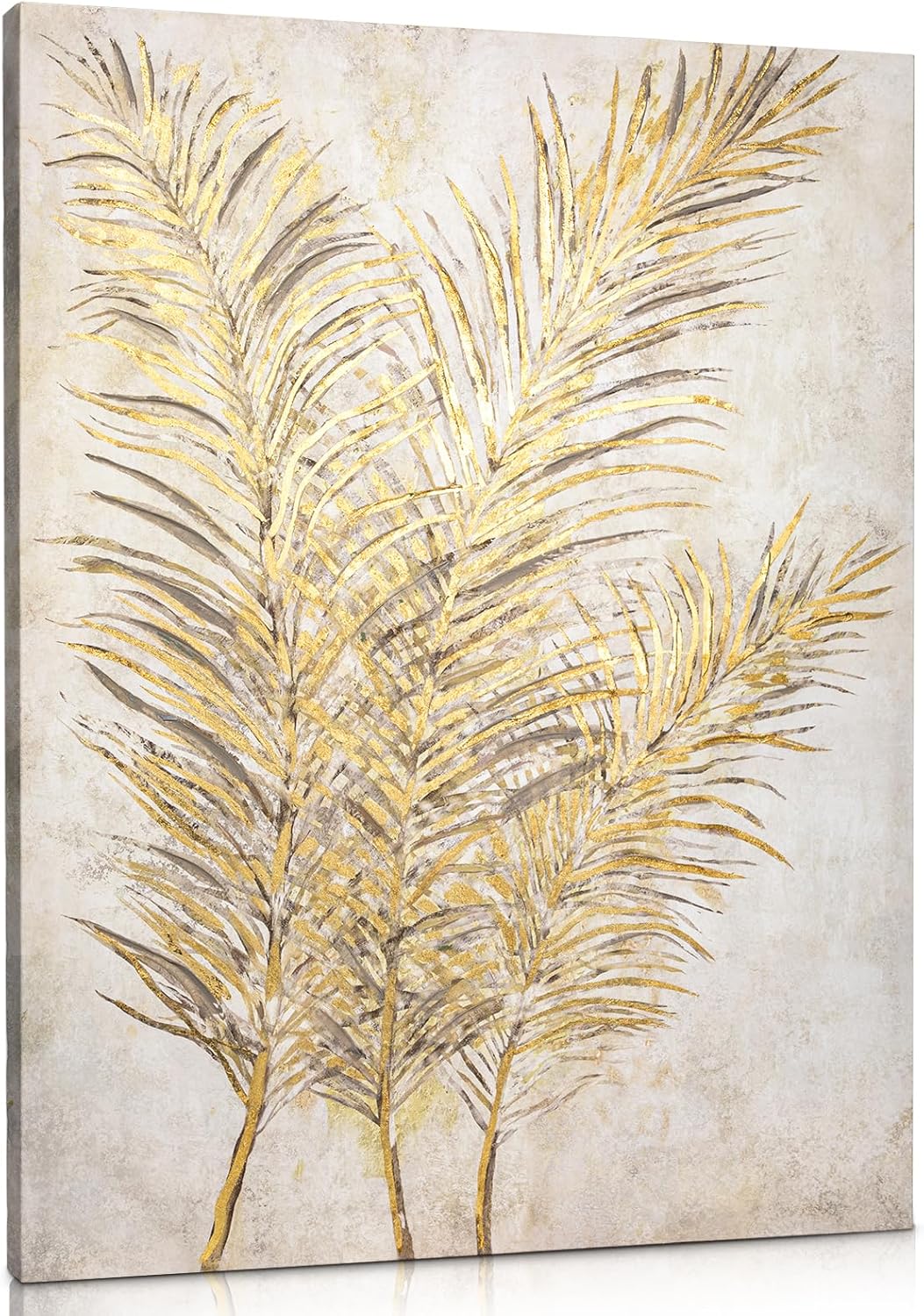 Briful Gold Palm Leaf Wall Art Hand-painted Botanical Canvas Oil Painting Large Tropical Leaf Hanging Abstract Artwork Unframed for Home Office Living Room Bedroom Aesthetic Decor, 30"x 40"