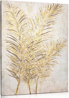 Briful Gold Palm Leaf Wall Art Hand-painted Botanical Canvas Oil Painting Large Tropical Leaf Hanging Abstract Artwork Unframed for Home Office Living Room Bedroom Aesthetic Decor, 30"x 40"